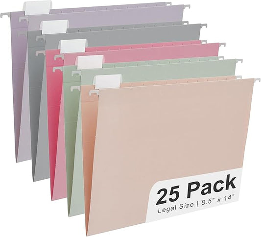 Y YOMA Legal Size - 25 Pack Colored Hanging File Folders Decorative Hanging Folder Cute Pretty File Folder for Filing Cabinet Office Home with 1/5-Cut Adjustable Tabs, Morandi Assorted Color