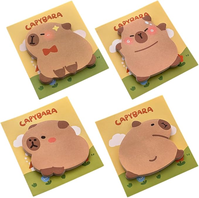 Cute Capybara Funny Sticky Notes Set 4 Shapes: Relaxed, Looking Back, Happy, Shy, 30 Sheets/Pad, Perfect for Office Home School Teacher