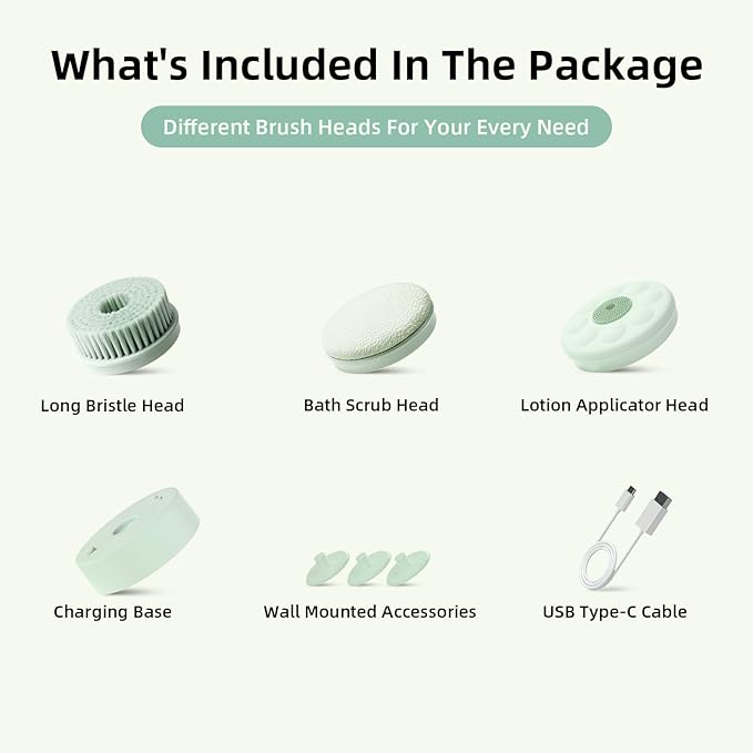 Oh,XIYU. Electric Body Brush Back Scrubber for Shower, Waterproof Long Dual Handle Power Body Scrubber with 3 Heads, Rechargeable Bath Brush & 2 Speeds, for Cleansing, Exfoliating and Massaging Skin