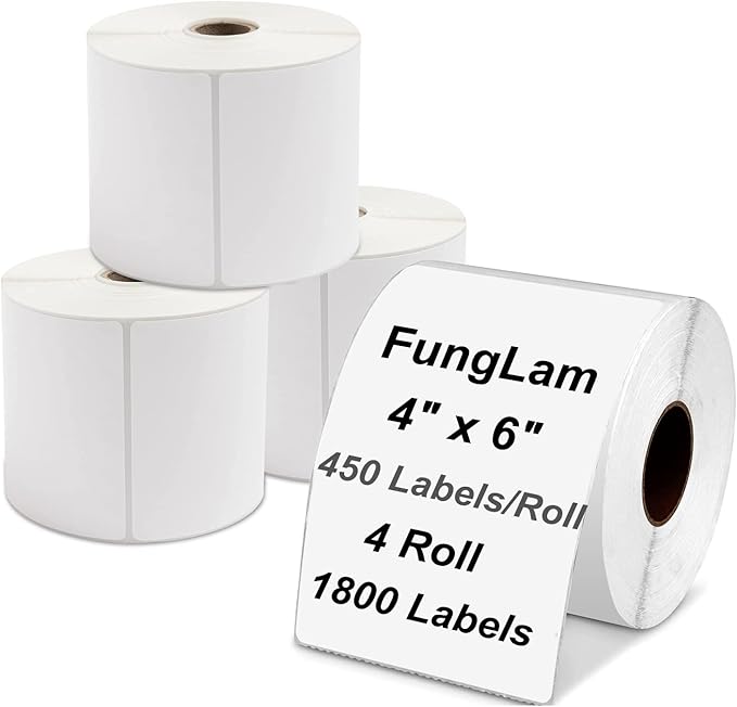 FungLam 4"x6" Thermal Shipping Labels - 450 Labels/Roll (4 Rolls), Direct Thermal Labels Compatible with JADENS, Munbyn, Rollo, iDPRT Printers