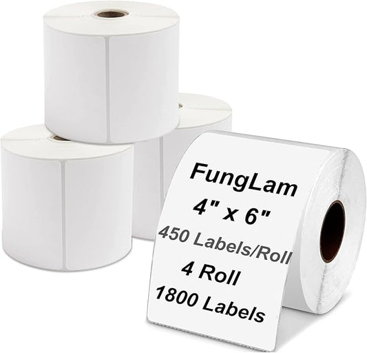 FungLam 4"x6" Thermal Shipping Labels - 450 Labels/Roll (4 Rolls), Direct Thermal Labels Compatible with JADENS, Munbyn, Rollo, iDPRT Printers