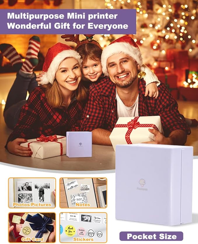 Phomemo Sticker Printer- Mini Thermal Sticker Printer Machine, Small Pocket Label Maker Instant Print for DIY Creation, Study Notes, Photos, Portable Inkless Photo Maker for Kids/Students, Purple