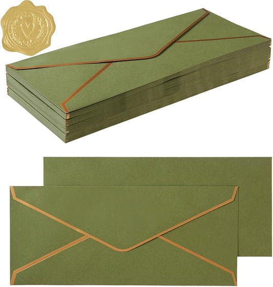 50 Pack #10 Business Envelopes with Gold Border, Self Seal Standard Envelopes with Gold Stickers for Office, Checks, Letter Mailing, Invoices, 4 1/8 x 9 1/2 Inches (Olive Green)