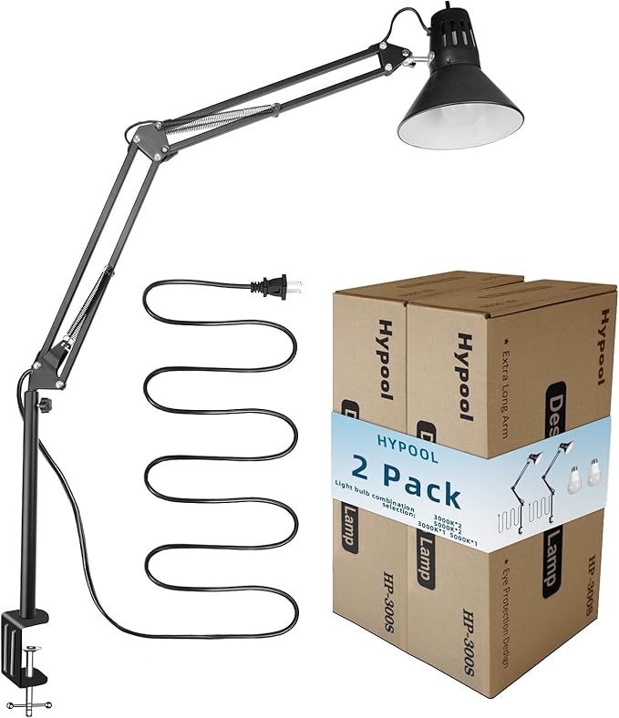 2 Pack Desk Lamp w/A19 E26 LED Bulb for Home Office Eye-Caring Metal Extra Tall Swing Arm High Intensity Clamp Flexible Gooseneck Side Table Working Reading Computer Workbench 5000K White Light