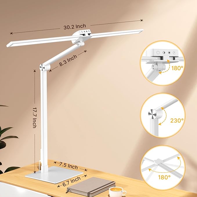Syrinx Table Lamp, 24W Desk Lamp for Home Office with Gesture Sensor Switch and Touch Control, Eye-Caring Double Head LED Table Lamp with 25 Light Modes Adjustable Desk Light with Metal Base
