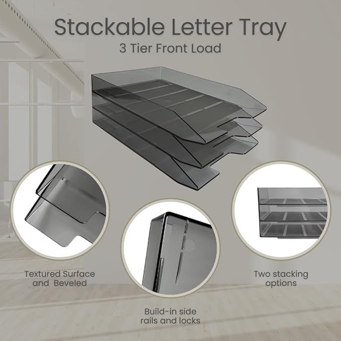Acrimet Stackable Letter Tray, 3 Tier Front Load Desktop File Organizer, A4 Letter Size, Plastic, Smoke