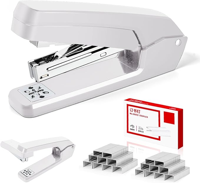MJMX 360° Rotating Swing-Arm Stapler, 25-Sheet Capacity, with 1000 Staples, 8-Position Lock, ABS Durable Design, for Office/Home/School (White)