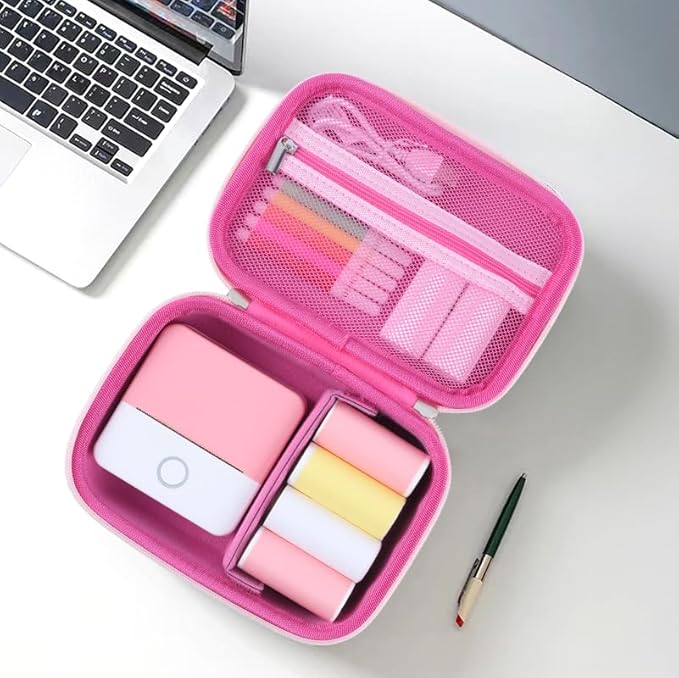 Carrying Case for Print Pods Mini Printer, Portable Mini Thermal Sticker Maker Travel Bag with Mesh Pocket, Bluetooth Label Printer Protective Storage Holder for Printing Paper & Accessories (Pink)