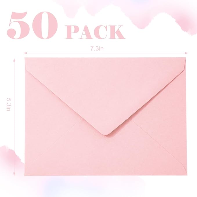 Whaline 50pcs Pink A7 Invitation Envelopes Greeting Card Envelopes with V-Flap, Gift Card Sleeves for Mailing, 7.3x5.3 Inch