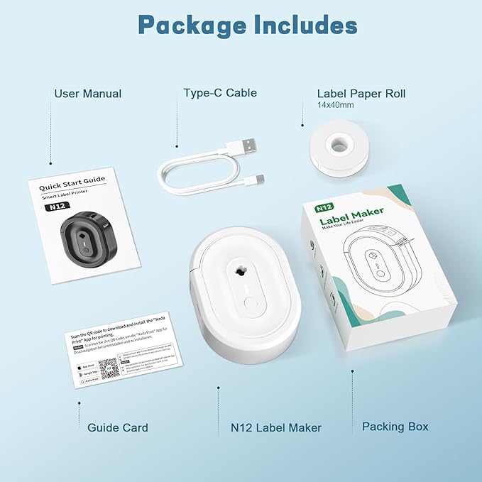 Label Maker Machine with Tape, Portable Bluetooth Label Printer, Wireless Mini Thermal Sticker Printer with Multiple Templates for Home, Kitchen, School Office, Small Business, White