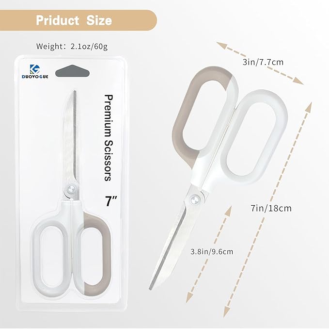 White Office Scissors with Comfort-Grip Handles, Cute scissors, Sharp Craft Scissors for DIY Art, Sewing, Fabric, Student, Teacher, and Home Use(7", White-2Pack)