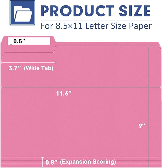 File Folder, PANDRI 120 Pack File Folder, 1/3 Cut Tab, Letter Size, Filing Folder for Office School Business, Pink