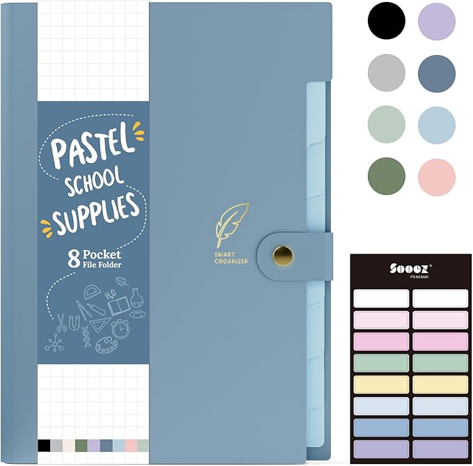 Sooez Aesthetic 8 Pocket Accordion File Organizer, Pastels Expanding File Folder for Important Document with Labels, Portable Receipt Bill Organizer for Office School Supplies, Letter Size Haze Blue