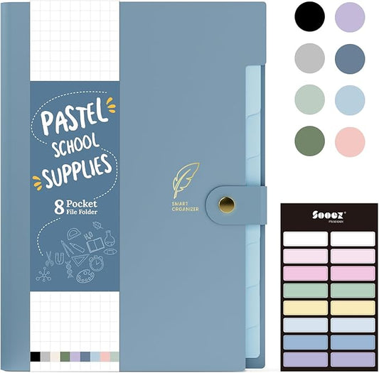 Sooez Aesthetic 8 Pocket Accordion File Organizer, Pastels Expanding File Folder for Important Document with Labels, Portable Receipt Bill Organizer for Office School Supplies, Letter Size Haze Blue