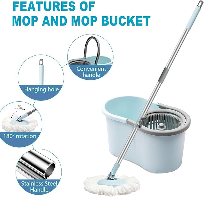 Spin Mop and Bucket Set, 360 Spin Mop and Bucket Stainless Steel,Floor Cleaning System,with 3 Replacement Heads (Blue-mini)