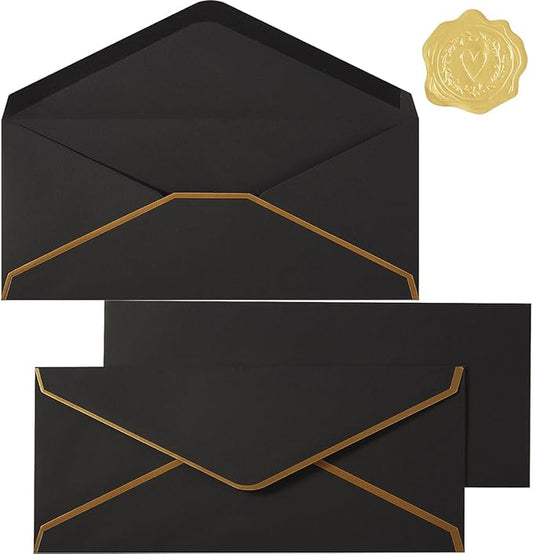 30 Pack Thick #10 Business Envelopes with Gold Border, 4 1/8 x 9 1/2 Thick Paper Standard Envelopes with Stickers for Office, Checks, Letter Mailing, Invoices (Black)