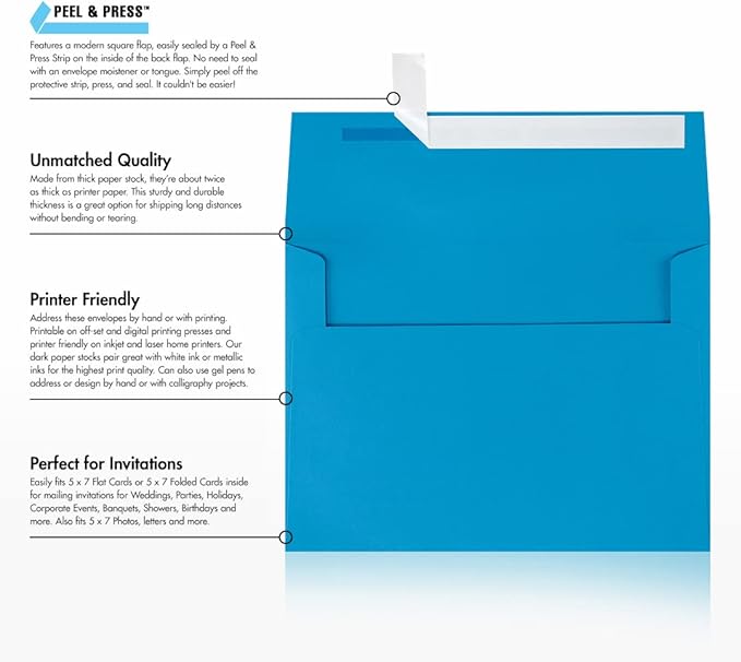 LUXPaper A7 Invitation Envelopes | Peel & Press | 5 1/4" x 7 1/4" | Pool Blue | 80lb. Text | 50 Qty