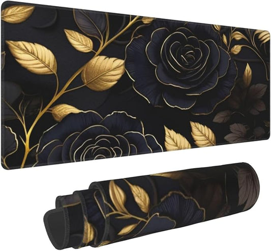 Gaming Mouse Pad, Large Non-Slip Rubber Base Mousepad, Keyboard Mouse Mat, Desk Pad with Stitched Edges, 31.5x11.8inch, Black Flower