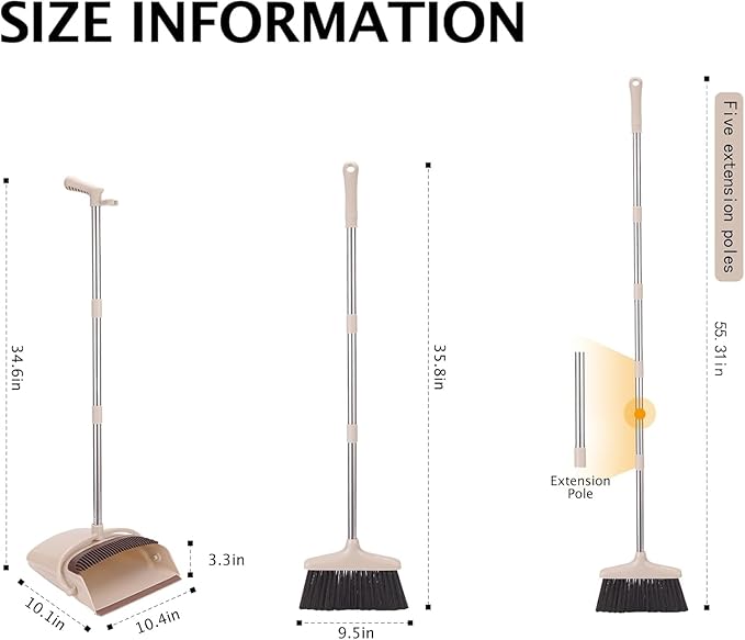 XXFLOWER Broom and Dustpan Set with Long Handle, Light Weight Stainless Steel Poles Stand Upright Dustpans with Broom Combo for Home Kitchen Office Pet Dog Hair, Brown & Beige Color, 1-Pack