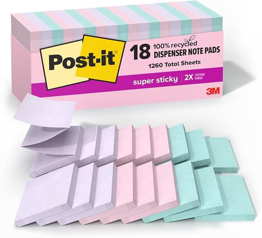 Post-it 100% Recycled Paper Super Sticky Pop-up Notes, 18 Sticky Note Pads, 3 in. x 3 in.,Wanderlust Pastels, School Supplies and Office Products
