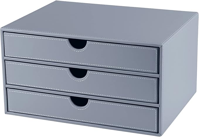 Leather Desk Organizer with 3 Drawers/Tray, Executive Office Supplies Desktop Filing A4 File Cabinet/Holder, Stackable Storage Box Grey (Gray)