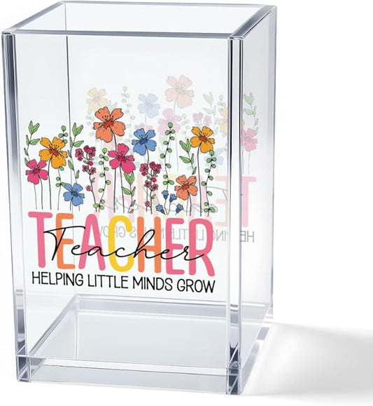 Teacher Helping Little Minds Grow Acrylic Cosmetic Pencil Pen Holder Cup, Cute Teacher Pen Holder Cup, Back to School Gifts, Graduation Appreciation Gifts for Women Men Teacher