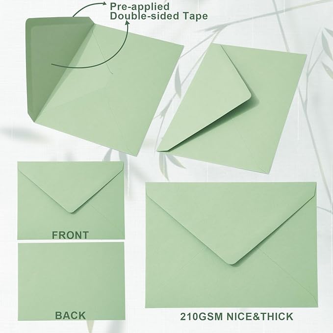 Whaline 50Pcs A7 Invitation Envelopes Set Pastel Green Greeting Card Envelopes V-Flap Envelope Gift Card Sleeves for Mailing Sending Card, 7.3x5.3 Inch