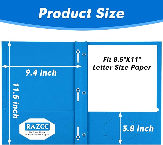 Two Pocket Folders, RAZCC 100 Pack Two Pocket with Prongs, 3 Prong Folders Fit Letter Size Paper, Pocket Paper File Folders for School Office Home Business, Assorted 5 Colors