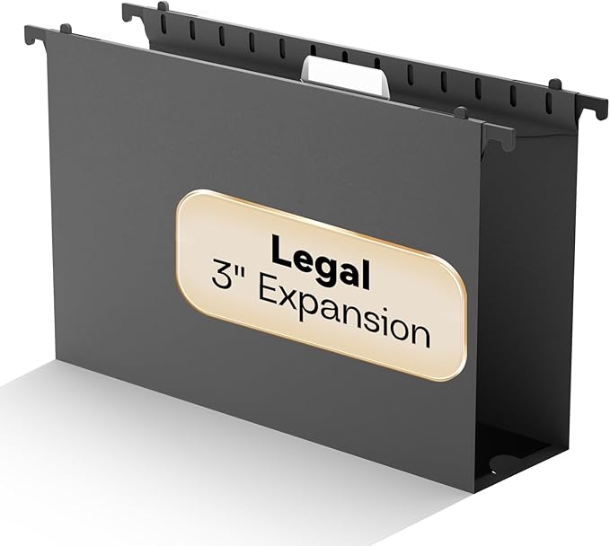 Plastic Legal Size Hanging File Folders,Heavy Duty 3" Expansion Extra Capacity Hanging Folder,Reinforced Black Hang Folders Legal,Adjustable Tabs,Filing Cabinet Folder for Bulky Files,12 Pack