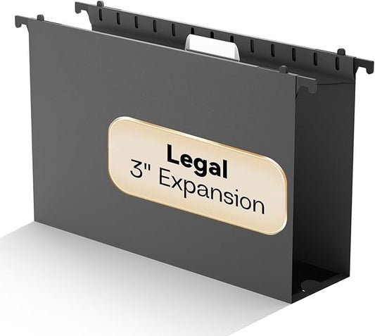 Plastic Legal Size Hanging File Folders,Heavy Duty 3" Expansion Extra Capacity Hanging Folder,Reinforced Black Hang Folders Legal,Adjustable Tabs,Filing Cabinet Folder for Bulky Files,12 Pack