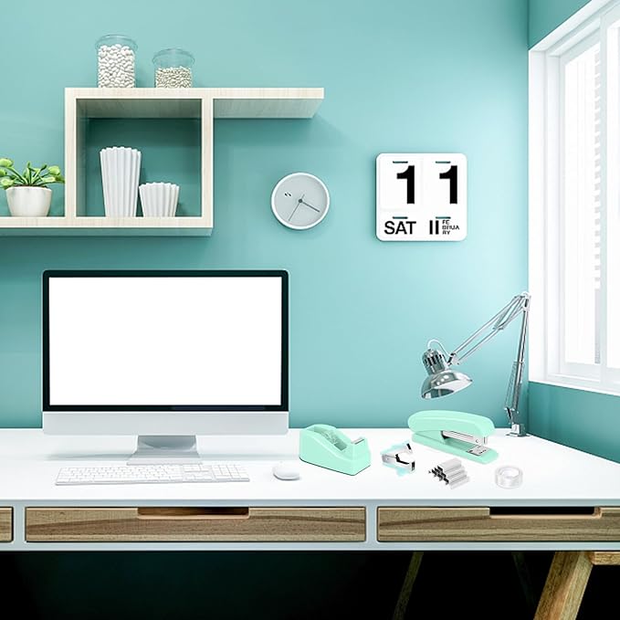 13 in 1 Green Office Supplies, Teal Desk Accessories Teal Office Supplies and Tape Dispenser, Hole Punch, Staple Remover, Stapler, 1000 Staple, Clip, Ruler, Scissor, Tab, Tape, Pen