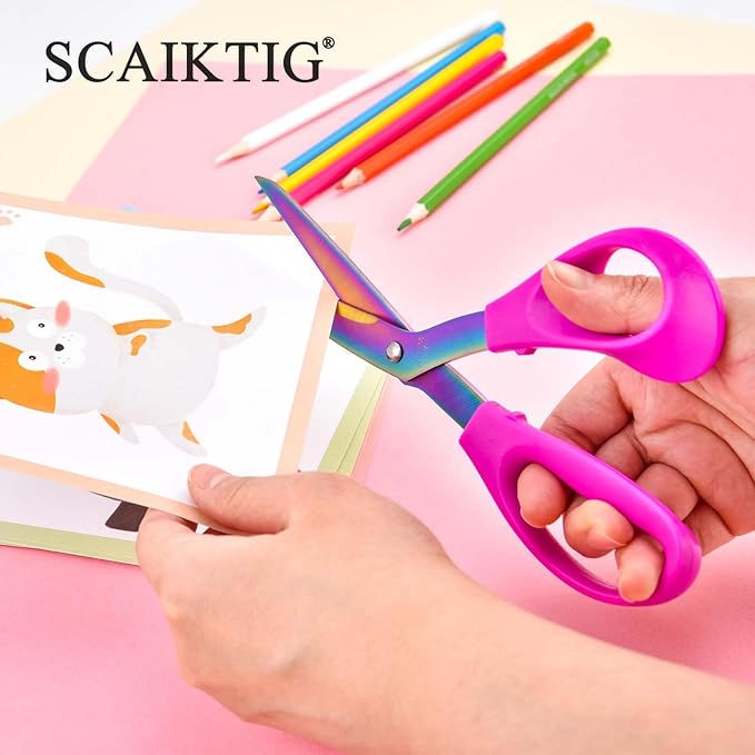 8.5‘’ Bent Fabric Scissors All Purpose Sharp Heavy Duty, Bent Shears for Sewing Crafting Cutting Clothes, Felt, Leather, Paper Supplies, Purple Handle and Rainbow Titanium Coating Blades