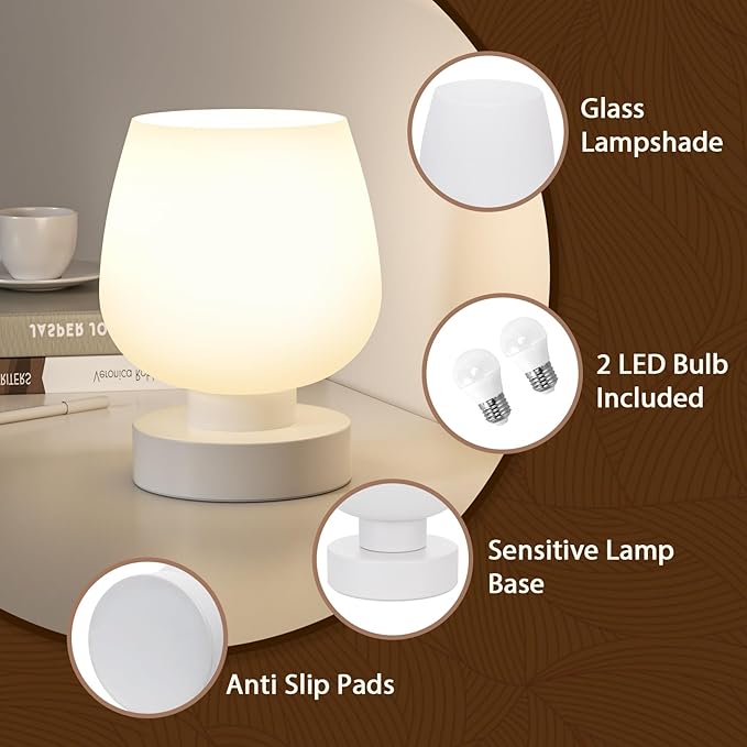 Touch Bedside Table Lamp Set of 2 - Small Bedside Lamp for Bedroom Living Room Night Stands, Desk Lamp with White Glass Shade for Small Spaces, 3 Way Dimmable, LED Bulbs, Gifts