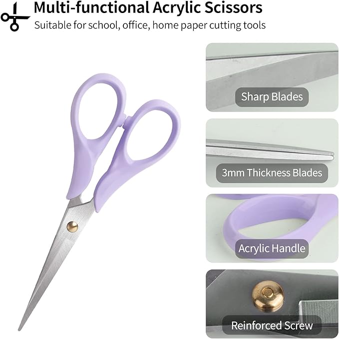 Gold Scissors, Stainless Steel Blade with Acrylic Handle, All Purpose Scissor for Office, School, Home, Fabric Shears, Tijeras (6.3" Purple)