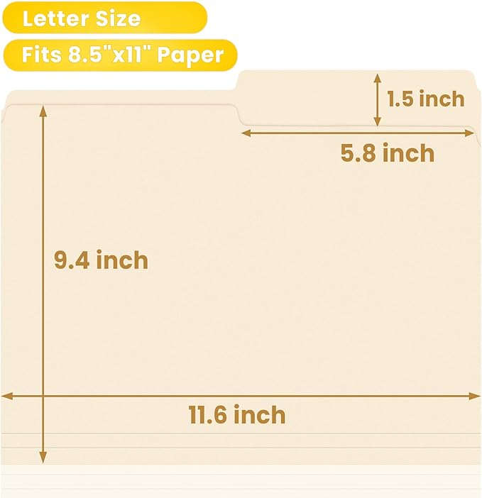 SUNEE File Folders, 18 Pack Manilla Folders 8.5 x 11, 1/2 Cut Tab for Easy Labeling and Organization, Durable Standard Paper for Home, Office, School Filing