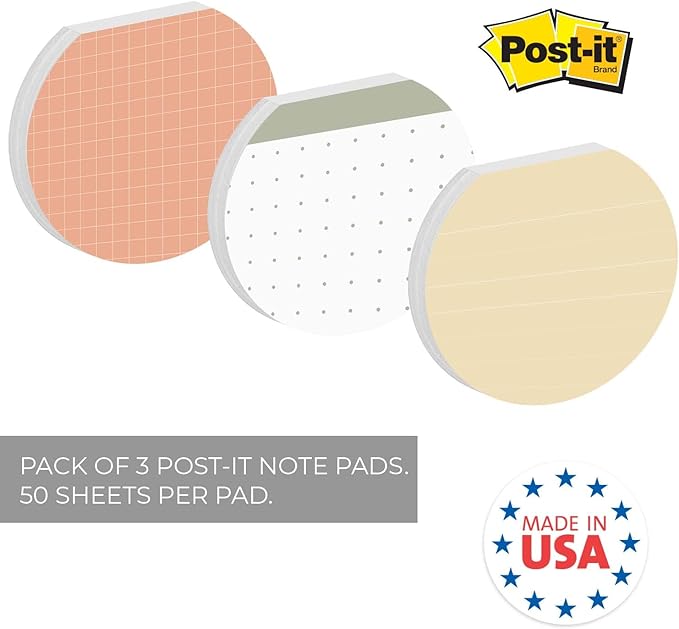 Gotcha Covered Notebooks Earth Tone Sticky Note Pad Assortment/Set Of 3 Round Flat Top Geometric Note Pads / 3.5" Modern Boho Sticky Notes / 50 Sheets Per Pad/Made In USA