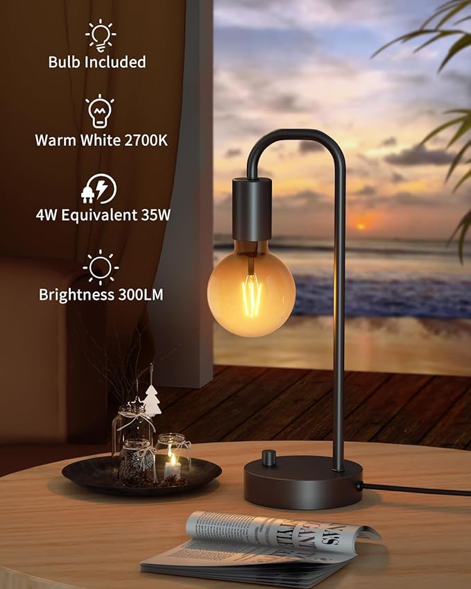 ONEWISH Industrial Table Lamp Set of 2, Fully Dimmable Beside Lamp with Gradient Black Art LED Bulb, Modern Nightstand Desk Lamps for Bedroom, Living Room, Office, Reading(Bulb Included)