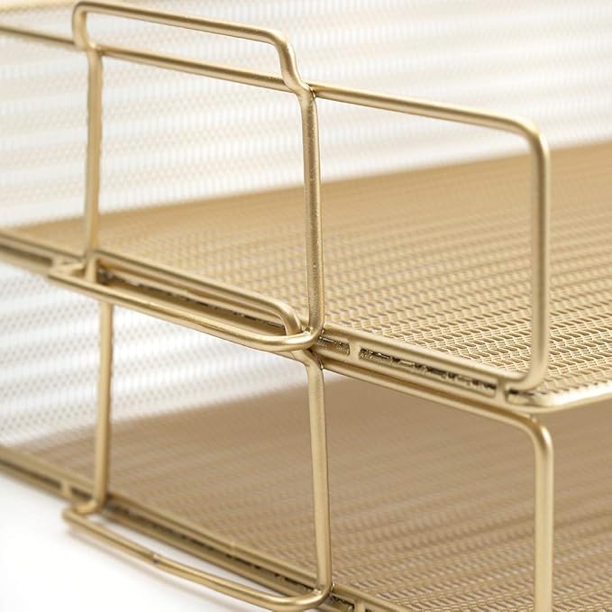 BLU MONACO Gold Mesh Paper Tray – Set of 2 Stackable Letter Trays – Durable Metal Desk Organizer for Home, Office & School – Stylish Document Holder, File Storage, and Workspace Organizer