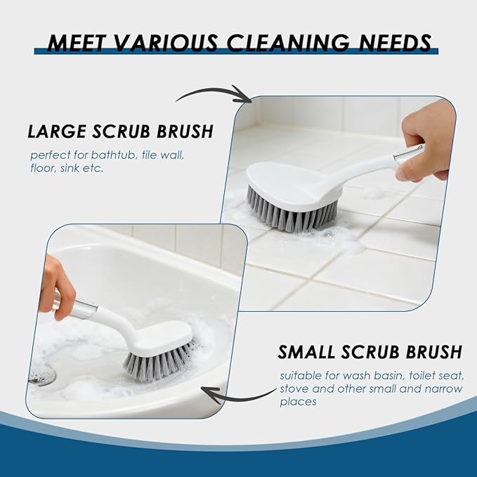 QUIVIX 3 Pack Heavy Duty Bathroom Scrub Brush with Long Handle, Stiff Bristles Grout Brush, Scrub Brushes for Cleaning Bathroom, Shower, Tile, Tub, Carpet, Kitchen, Sink (Crystal Gray)