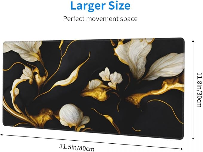 Desk Pad,Office Desk Mat 31.5"×11.8" Large Gaming Mouse Pad,Extended Computer Mouse Pad,Waterproof Thick Big Mouse Pads with Non-Slip Rubber Base Office Home Black Gold Marble Flower