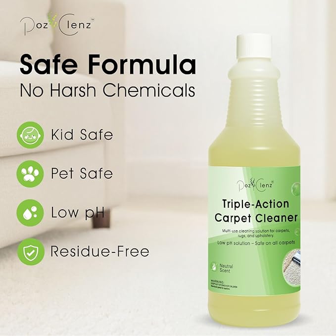 Poz Clenz Triple-Action Carpet Cleaner | Cleans, Deodorizes & Brightens | Concentrated, 1 Quart | Low-Foam Multi-Surface Solution for Use on Carpets, Rugs & Upholstery.