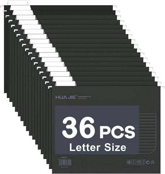 MerryNine 36pcs Hanging File Folders Letter Size, Paper Filing Cabinet Folders Organizer with 1/5-Cut Tabs and Inserts, Suspension File Organizers for Office School Home Hospital, Black