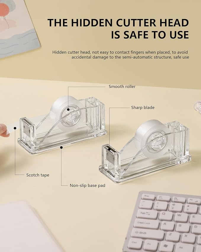 2-Piece Acrylic Tape Dispenser Desk - Durable, Stylish, and Versatile for Home, Office, or School - Fits Standard Tape Rolls - Desktop Convenience for Easy Organization（Silvery）