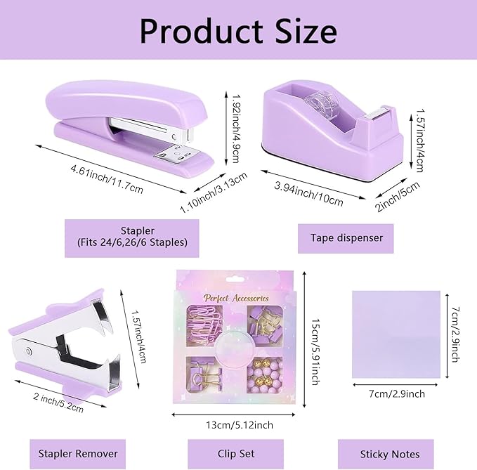 Office Supplies,Desk Accessories,Tape Holder,Stapler,Scissor,Staple Remover,Box of Binder Clips,Staples,Ballpoint Pen,Sticky Notes,Clear Tape,Ruler,Office Supplies Set Purple