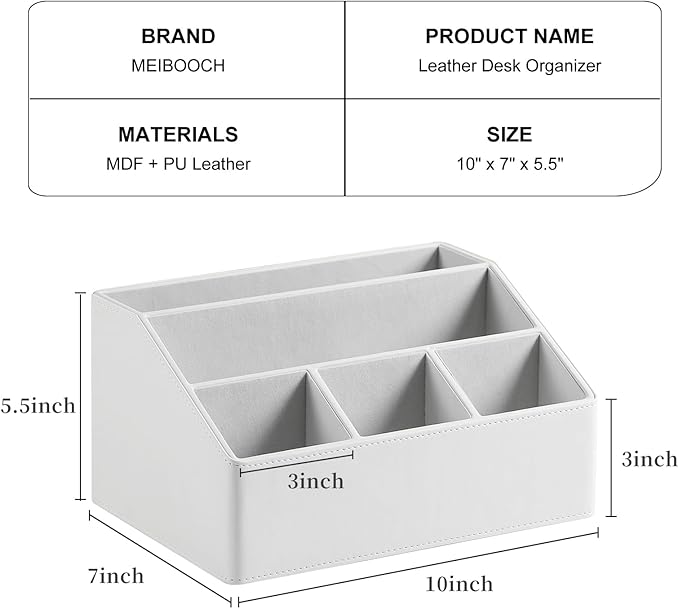 PU Leather Desk Organizer, Luxury Remote Control Holder for Home, Office Desk Accessories Table Caddy Bedside Nightstand Organizer (White)