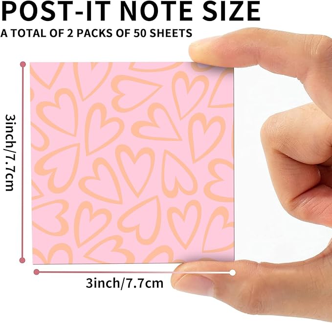 2 Pack Sticky Notes 3x3 Inches, Bright Cute Strong Sticking Power, Easy to Post for Home, Office, 80sheets/Pads, Pink Heart