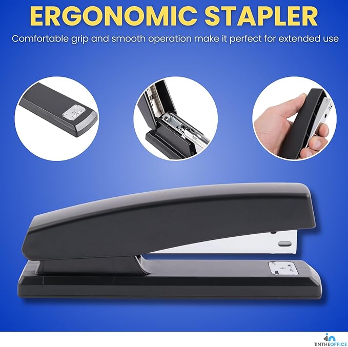 1InTheOffice Staplers for Desk, Heavy Duty Desk Stapler, Full Strip, 20-Sheet Capacity, Black, 4-Pack