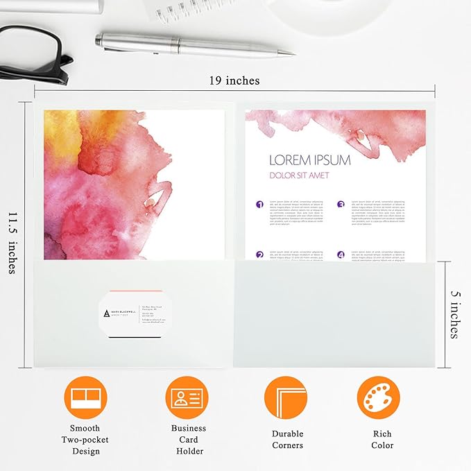 50Pcs White Folders with Pockets and Business Card Holder,2 Pocket Folders for School,Home or Office,Durable Heavy Duty File Folders