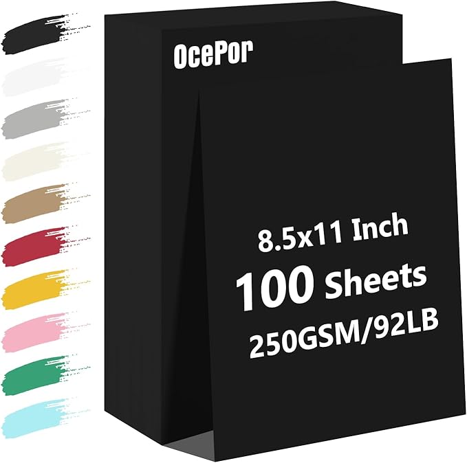 OcePor 100 Sheets Black Cardstock Paper, Colored Printer Paper 8.5 x 11, Card Stock Thick Construction for Craft,Scrapbook，Office Printing, Invitations, Certificates，92 lb/250gsm