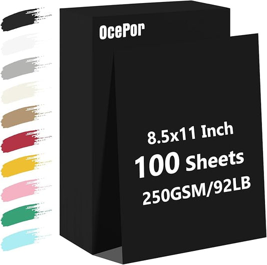 OcePor 100 Sheets Black Cardstock Paper, Colored Printer Paper 8.5 x 11, Card Stock Thick Construction for Craft,Scrapbook，Office Printing, Invitations, Certificates，92 lb/250gsm
